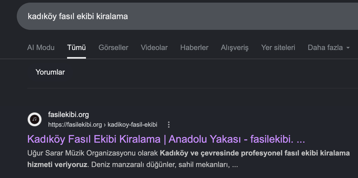 Google'da 'kadıköy fasıl ekibi kiralama' aramasında fasilekibi.org 1. sırada