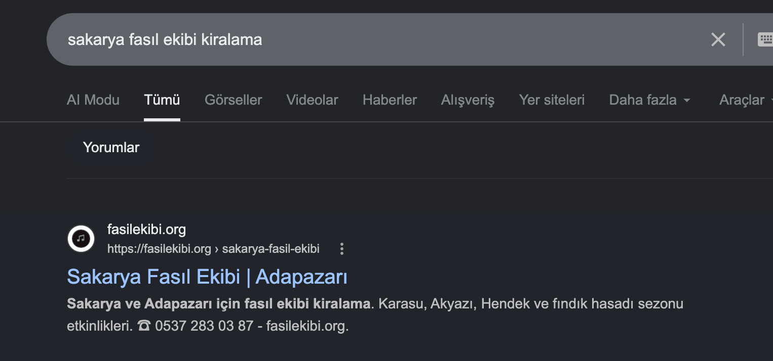 Google'da 'sakarya fasıl ekibi kiralama' aramasında fasilekibi.org 1. sırada