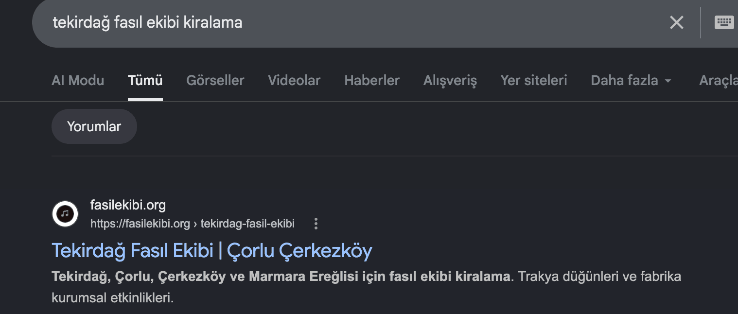 Google'da 'tekirdağ fasıl ekibi kiralama' aramasında fasilekibi.org 1. sırada